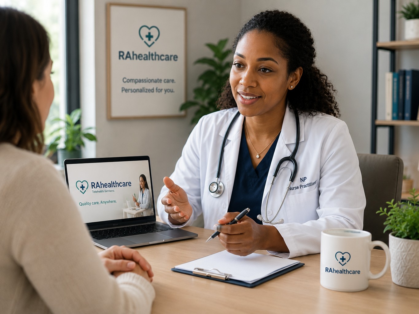 Nurse practitioner consulting with a patient in a welcoming office setting